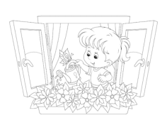 Flower Little Girl Watering Window Box Flowers Coloring Pages Pdf, Free Vectors File